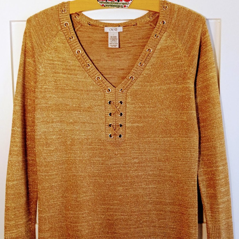 Cache Gold Metallic Knit V-Neck Sweater with Criss Cross Grommet Detail Size L